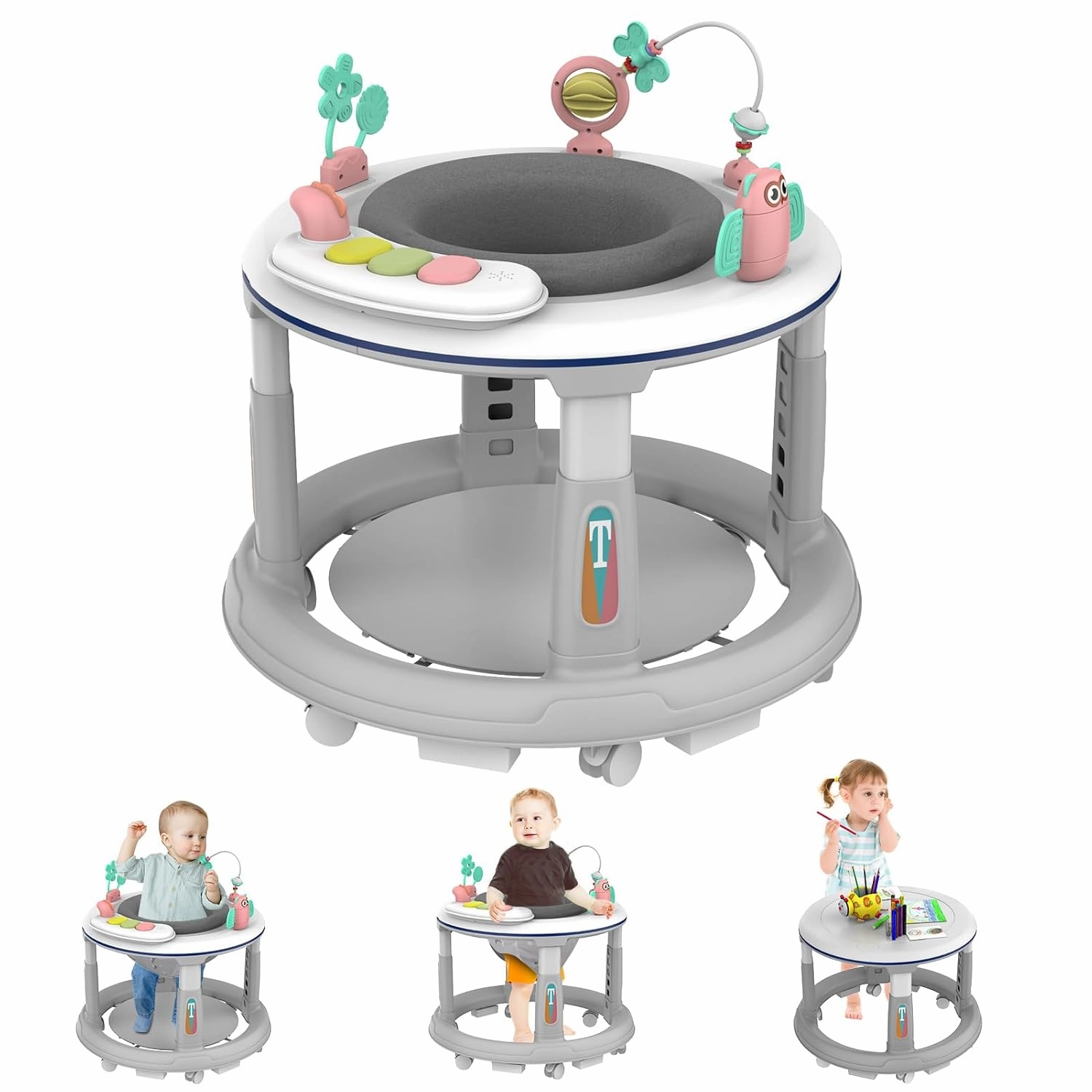 Baby Walker with Wheels, Infant Walking Assistant with Music, and Lights, 5 Adjustable Heights for Baby Walking Support, Detachable Toys, Bounce Foot Pad, for Boys and Girls 6-12 Months