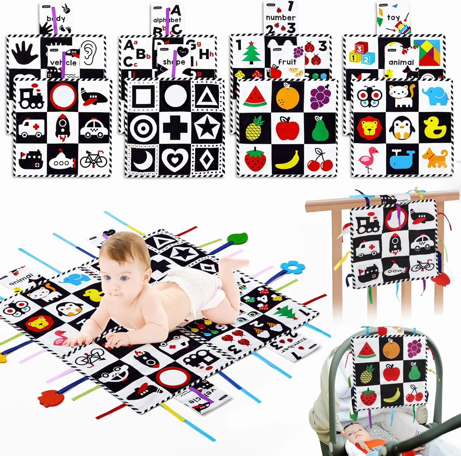 beiens Tummy Time Black and White High Contrast Crinkle Toys with Mirror Teether, Toys for 0-6-12-18 Months Toddler Newborn Baby, Sensory Play Mats, Baby Gifts for Boy Girl