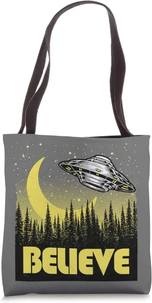 Believe - Vintage UFO Alien Retro Flying Saucer Trees Tote Bag