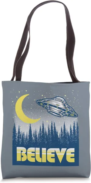 Believe - Vintage UFO Alien Retro Flying Saucer Trees Tote Bag