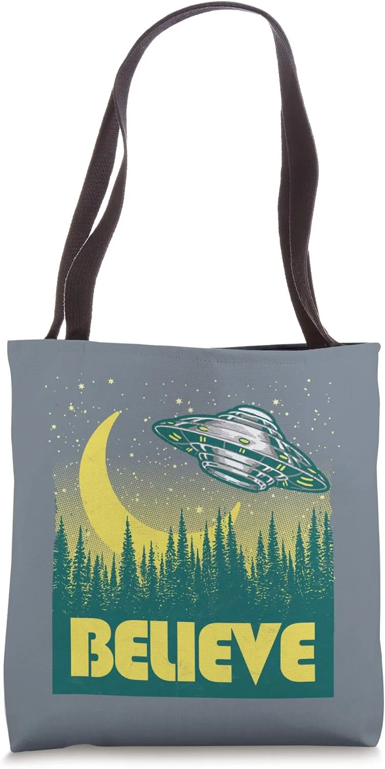 Believe - Vintage UFO Alien Retro Flying Saucer Trees Tote Bag