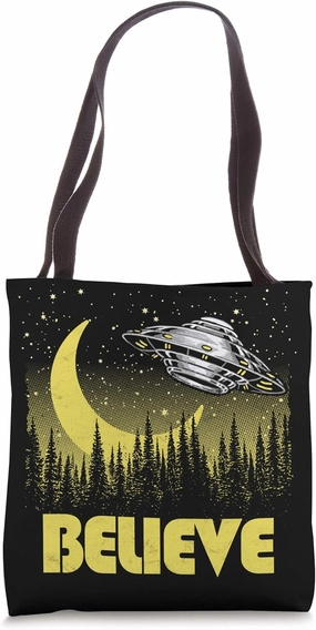 Believe - Vintage UFO Alien Retro Flying Saucer Trees Tote Bag