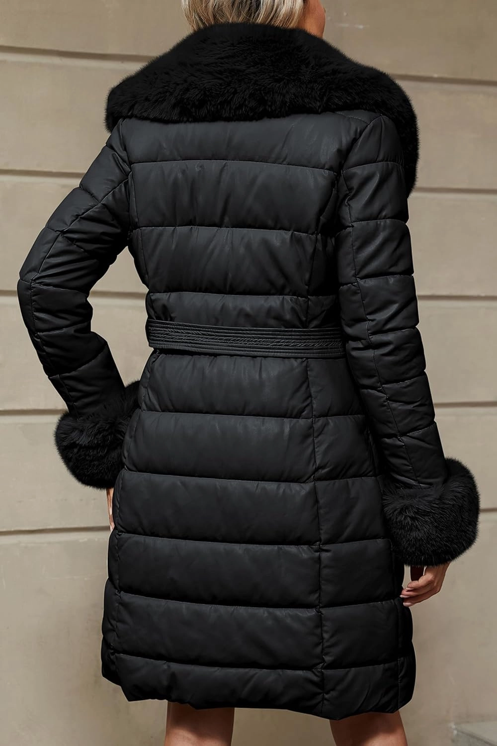 Bellivera Women's Winter Puffer Jacket Cold-Resistant Patchwork Plush Lining Coat with Removable Fur Collar Hooded and Belted