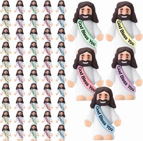 Bememo 50 Pcs Little Jesus Figurines God Bless You Small Rubber Jesus Toys Doll Easter Egg Stuffer Religious Prefilled Craft for Baptism Sunday School(Macaron Color)