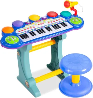 Best Choice Products 37-Key Kids Electronic Musical Instrument Piano Learning Toy Keyboard w/Multiple Sounds, Lights, Microphone, Stool - Blue