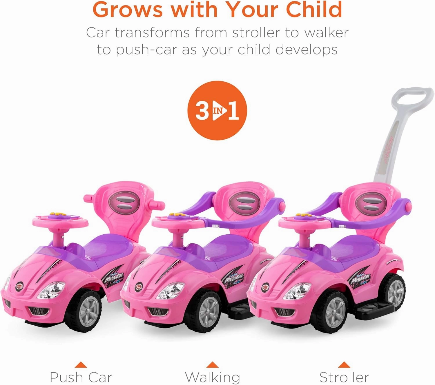 Best Choice Products Kids 3-in-1 Push and Pedal Car Toddler Ride On w/Handle, Horn, Music - Pink
