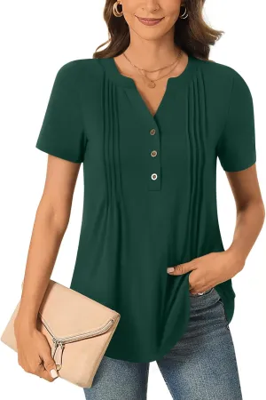 Bestbee Women's Summer Tops Short Sleeve Tunics Dressy Casual Blouses Henley Neck Button-Down Shirts