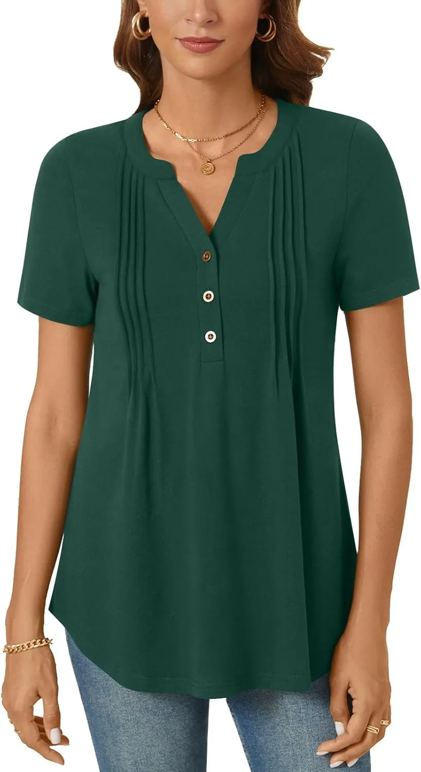 Bestbee Women's Summer Tops Short Sleeve Tunics Dressy Casual Blouses Henley Neck Button-Down Shirts