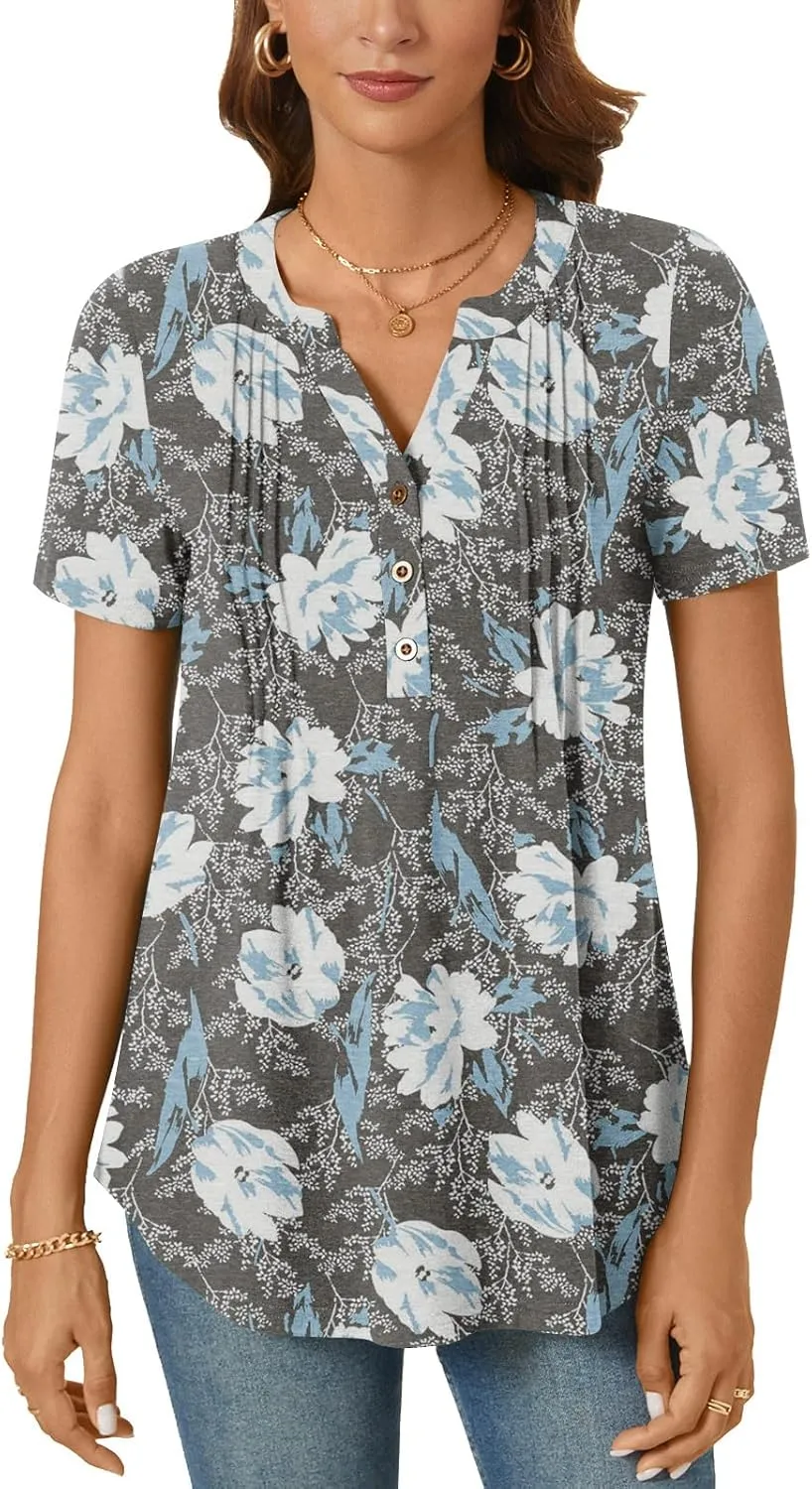 Bestbee Women's Summer Tops Short Sleeve Tunics Dressy Casual Blouses Henly Neck Button-Down Shirts