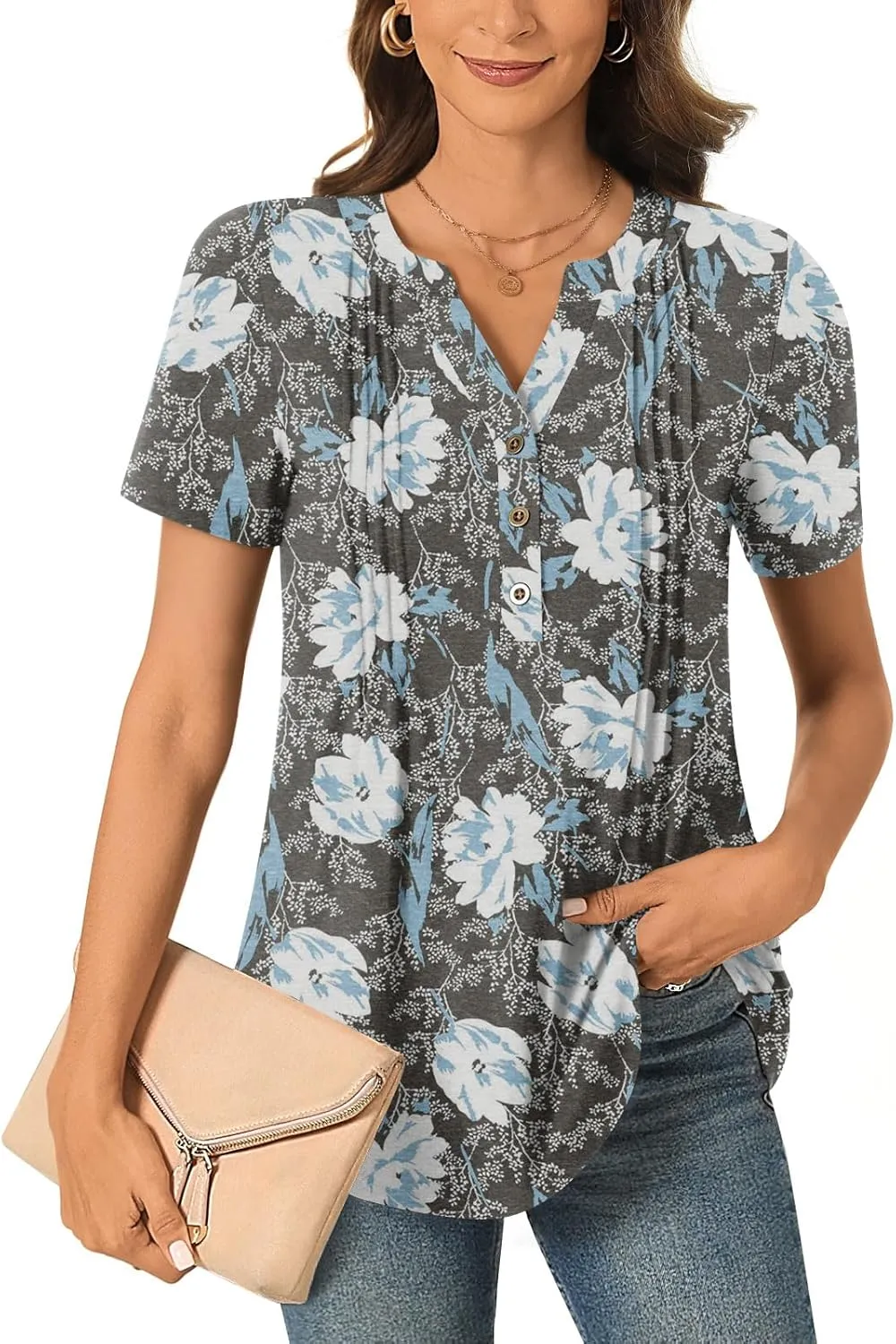 Bestbee Women's Summer Tops Short Sleeve Tunics Dressy Casual Blouses Henly Neck Button-Down Shirts
