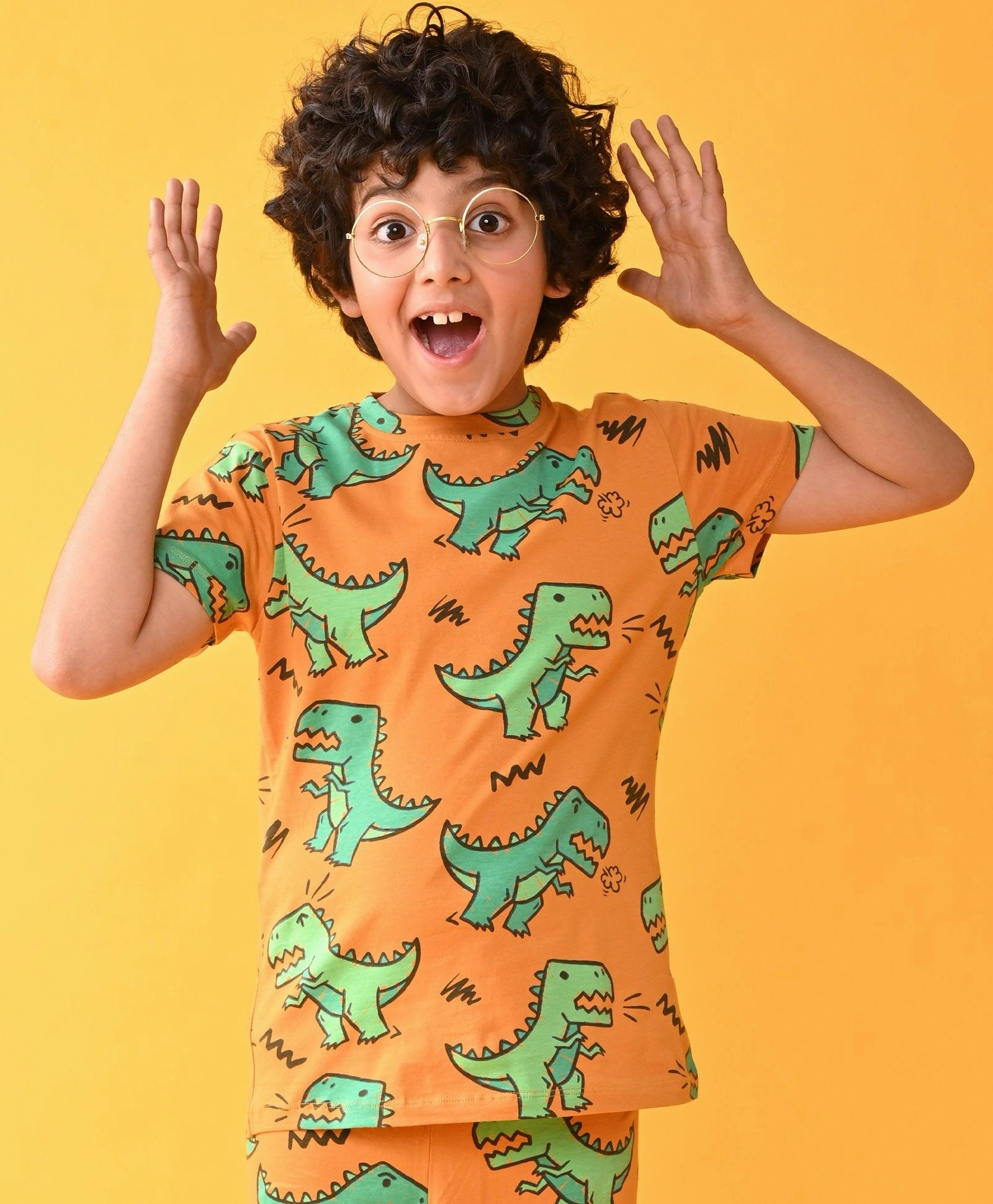BIG DINOSAUR MUSTARD SHORT SLEEVE PYJAMA SET - MUSTARD