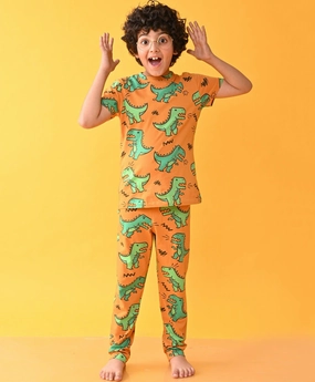 BIG DINOSAUR MUSTARD SHORT SLEEVE PYJAMA SET - MUSTARD