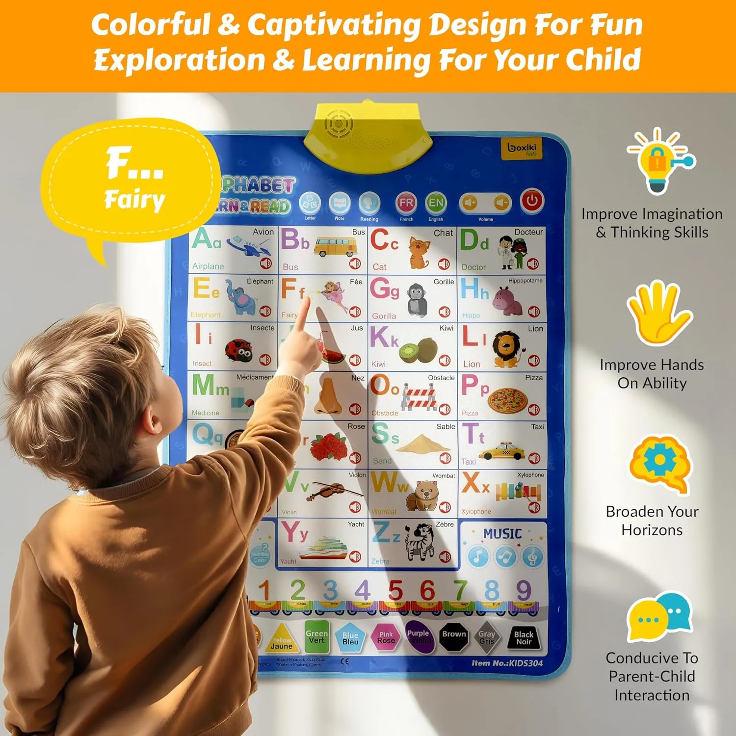 Bilingual English & French Learning Interactive Alphabet Wallchart - Includes Talking ABC, 123s & Music Poster - Educational Kids Learning Toy, Educational Gift for 3  Years Old Girls & Boys