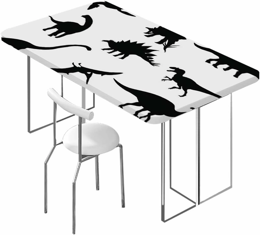 Black and White Elastic Fitted Tablecloths, Various Black Dino Silhouettes Fitted Tablecloth Rectangle Table Cover - Table Cloth - Fitted Table Covers Dinosaur Fits up 5 Foot Tables