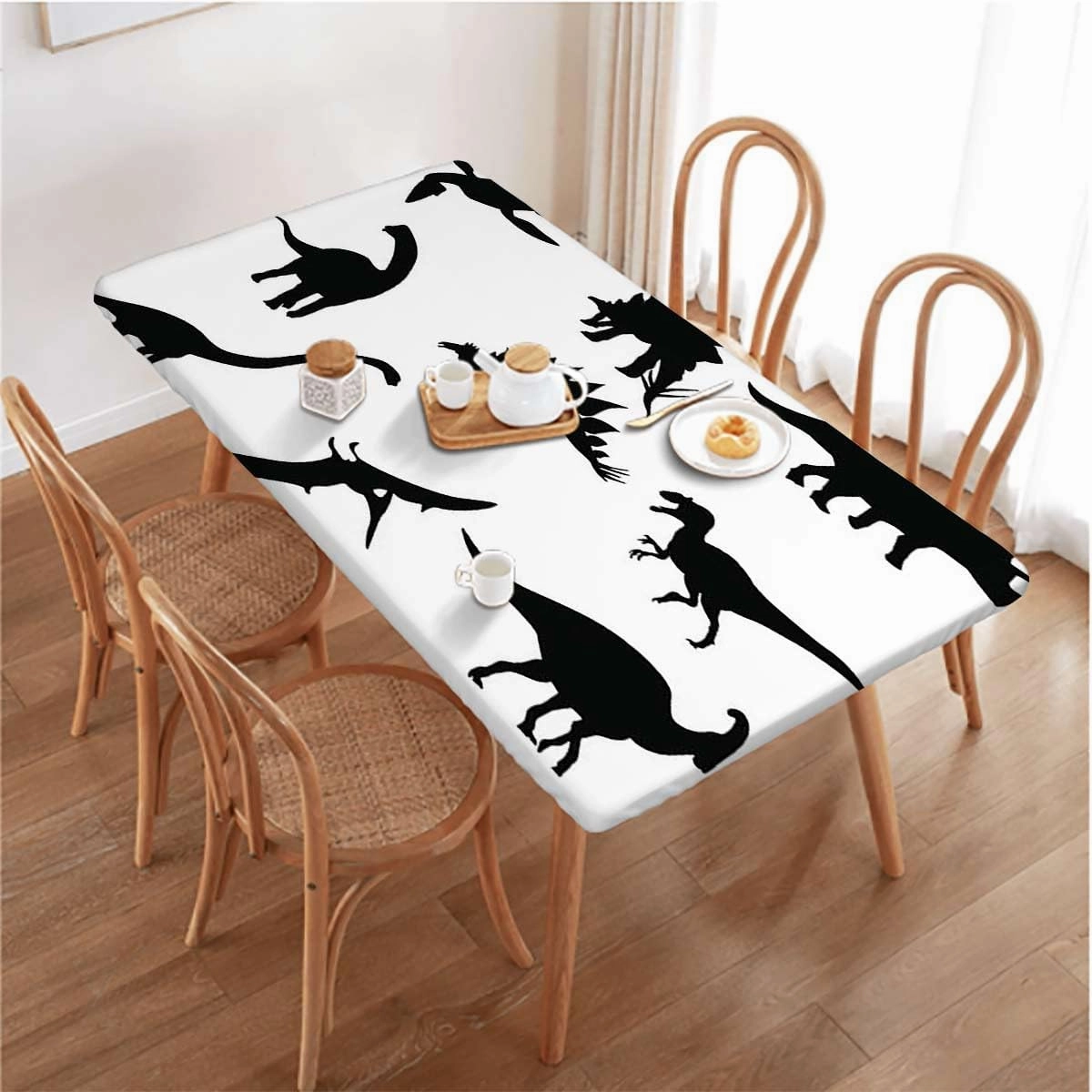 Black and White Elastic Fitted Tablecloths, Various Black Dino Silhouettes Fitted Tablecloth Rectangle Table Cover - Table Cloth - Fitted Table Covers Dinosaur Fits up 5 Foot Tables