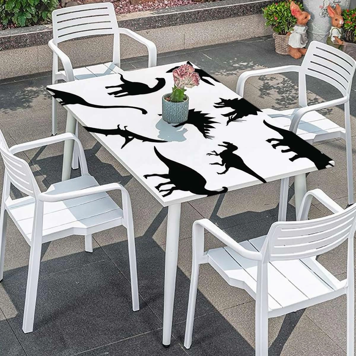 Black and White Elastic Fitted Tablecloths, Various Black Dino Silhouettes Fitted Tablecloth Rectangle Table Cover - Table Cloth - Fitted Table Covers Dinosaur Fits up 5 Foot Tables