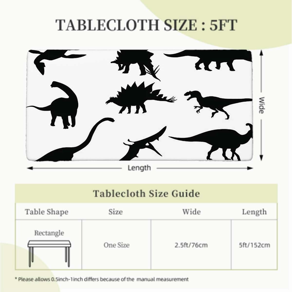Black and White Elastic Fitted Tablecloths, Various Black Dino Silhouettes Fitted Tablecloth Rectangle Table Cover - Table Cloth - Fitted Table Covers Dinosaur Fits up 5 Foot Tables