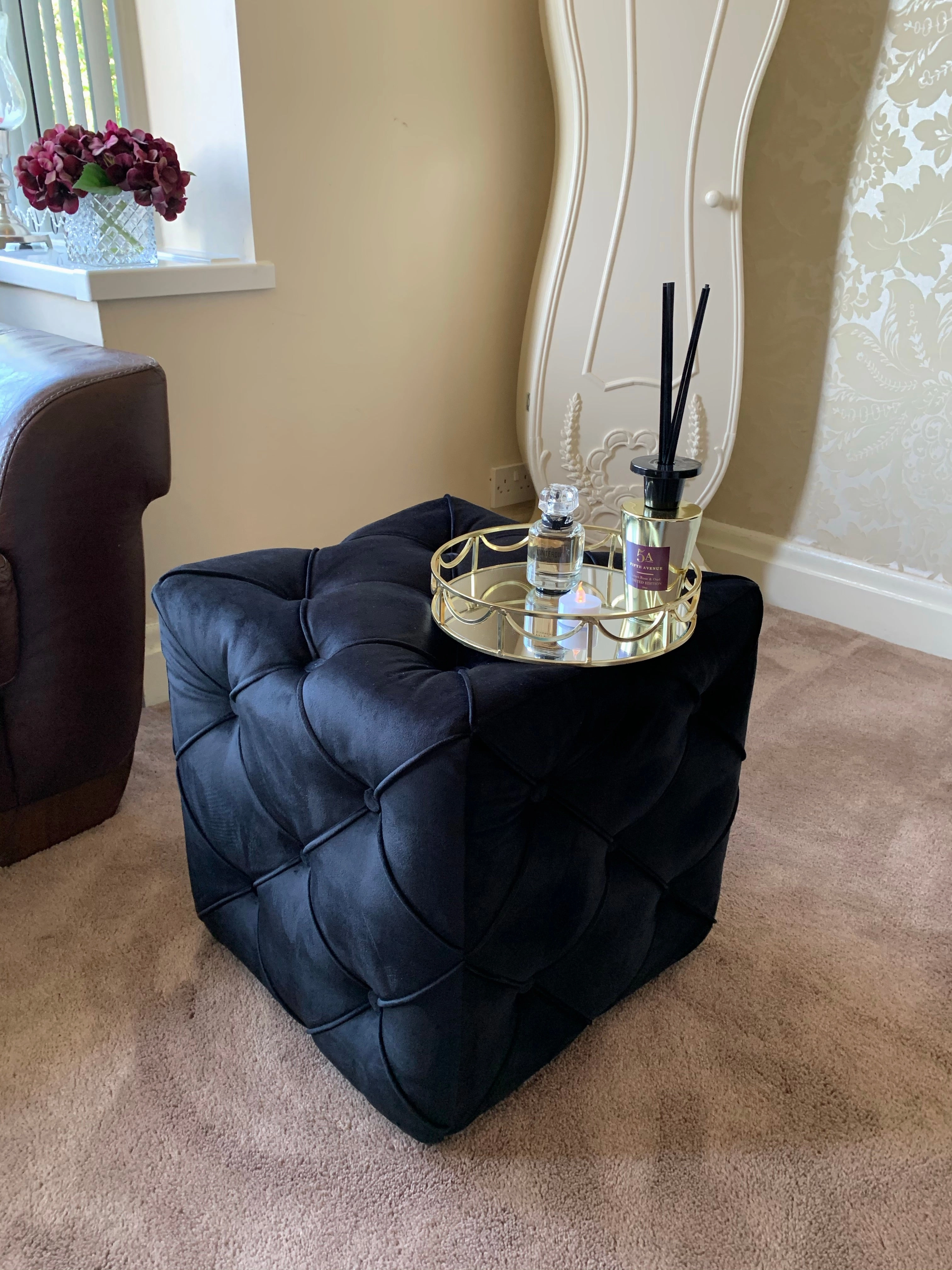 Black square cube deep buttoned coffee table side table seat