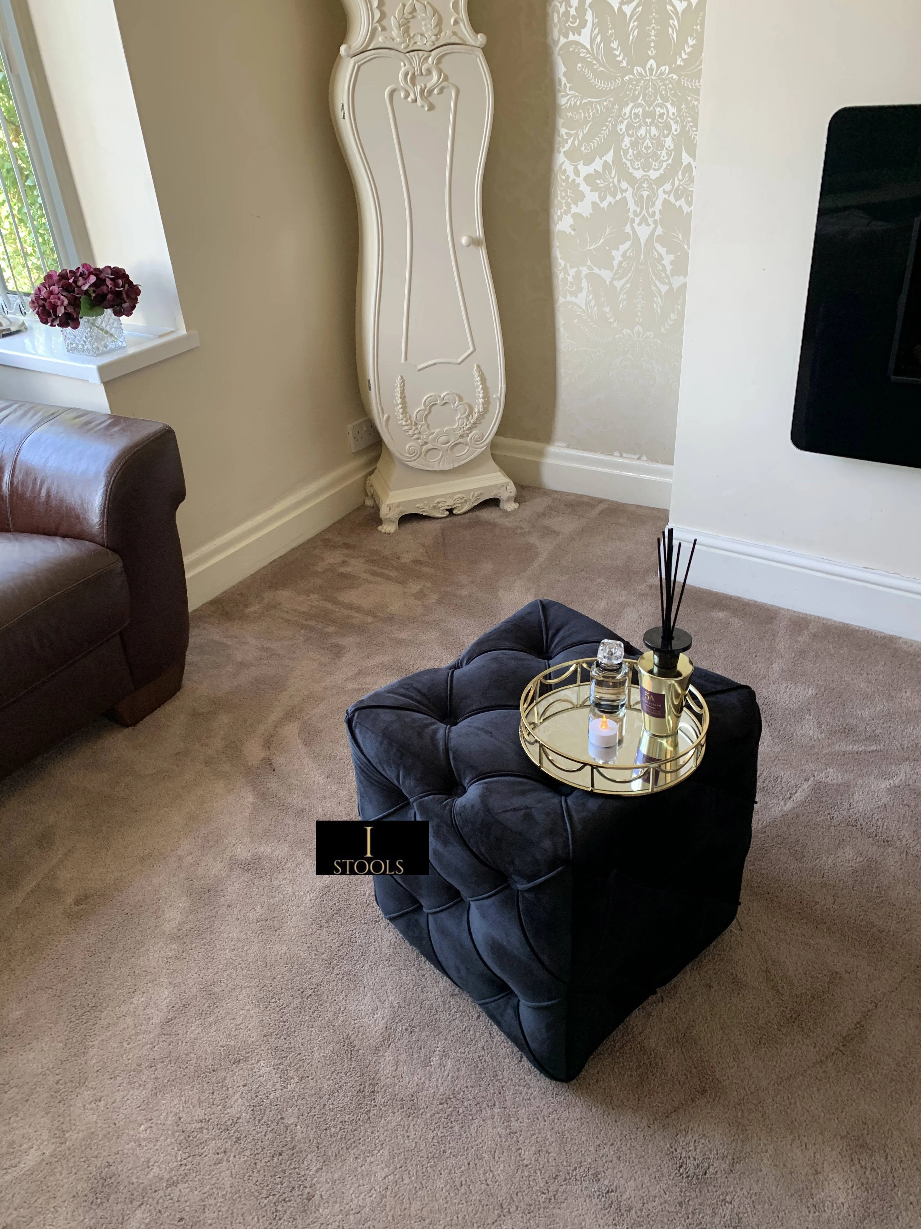 Black square cube deep buttoned coffee table side table seat