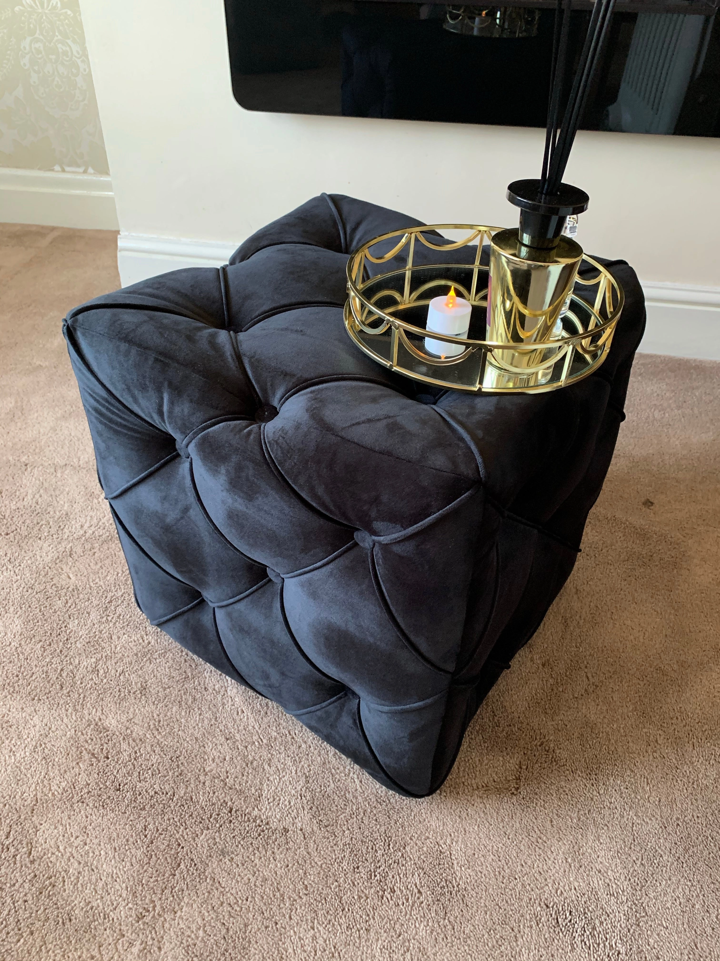Black square cube deep buttoned coffee table side table seat