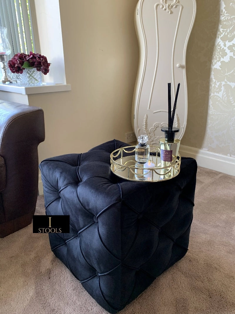 Black square cube deep buttoned coffee table side table seat