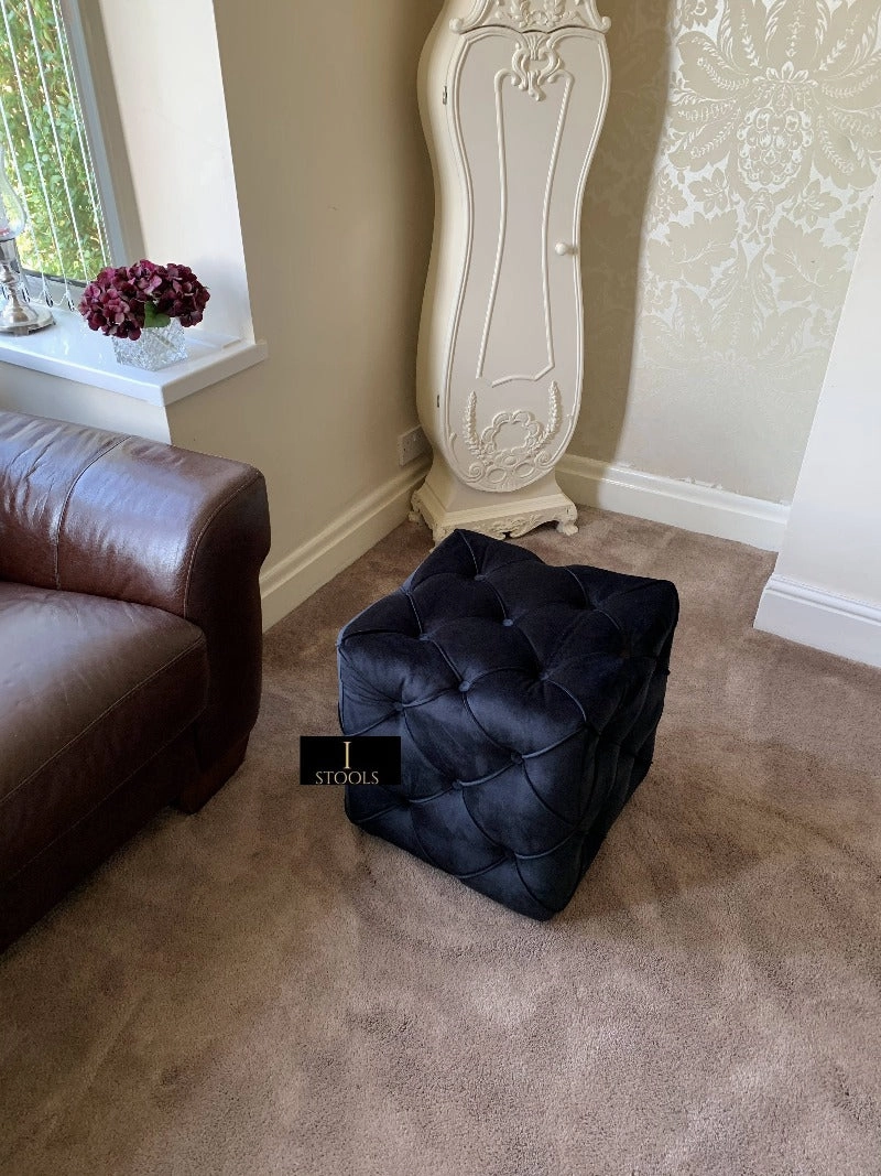 Black square cube deep buttoned coffee table side table seat