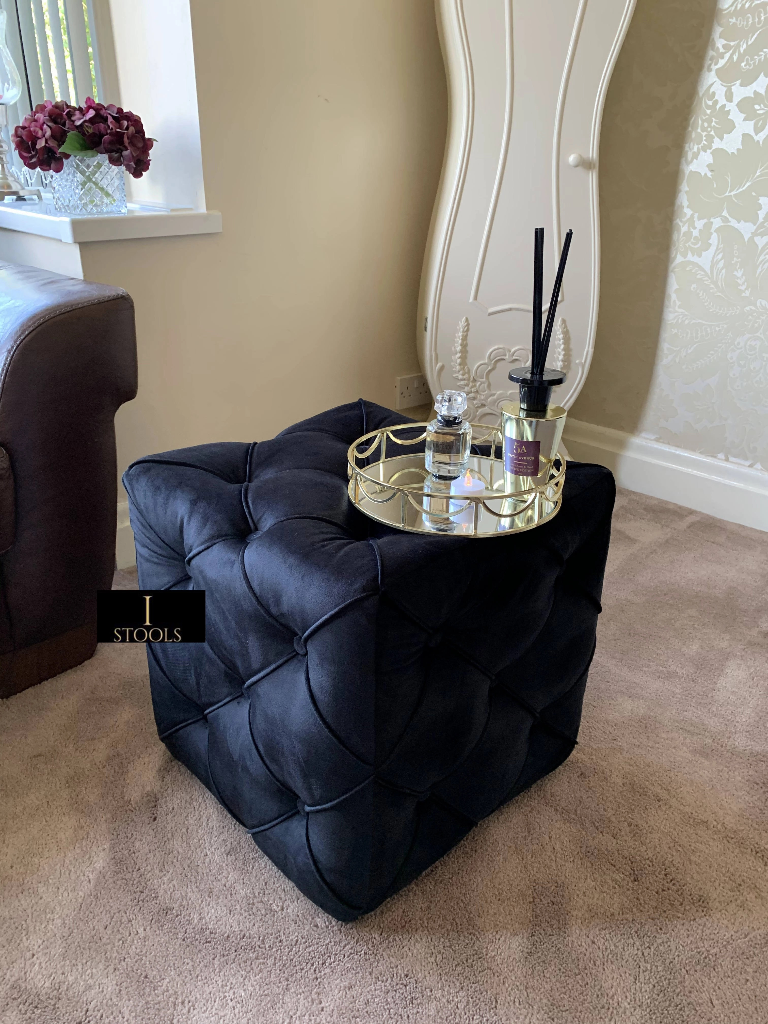 Black square cube deep buttoned coffee table side table seat
