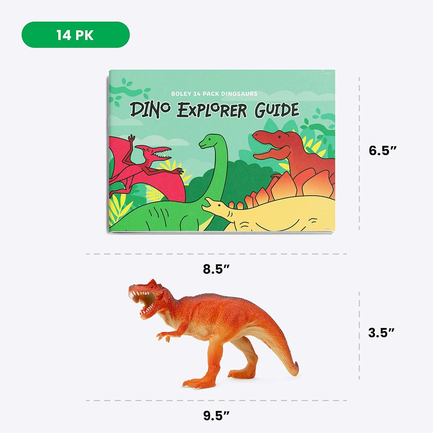 Boley 14-Pack Dinosaur Toys for Kids with Educational Booklet - 9" Realistic Dino Figures for Boys & Girls Ages 3  - Includes T-Rex, Raptor, Stegosaurus, Triceratops, and More