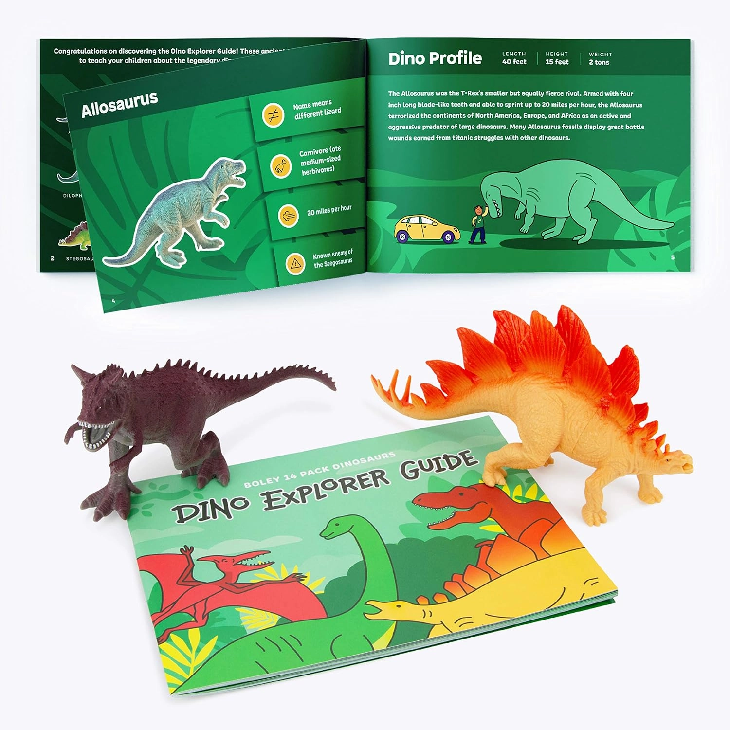 Boley 14-Pack Dinosaur Toys for Kids with Educational Booklet - 9" Realistic Dino Figures for Boys & Girls Ages 3  - Includes T-Rex, Raptor, Stegosaurus, Triceratops, and More