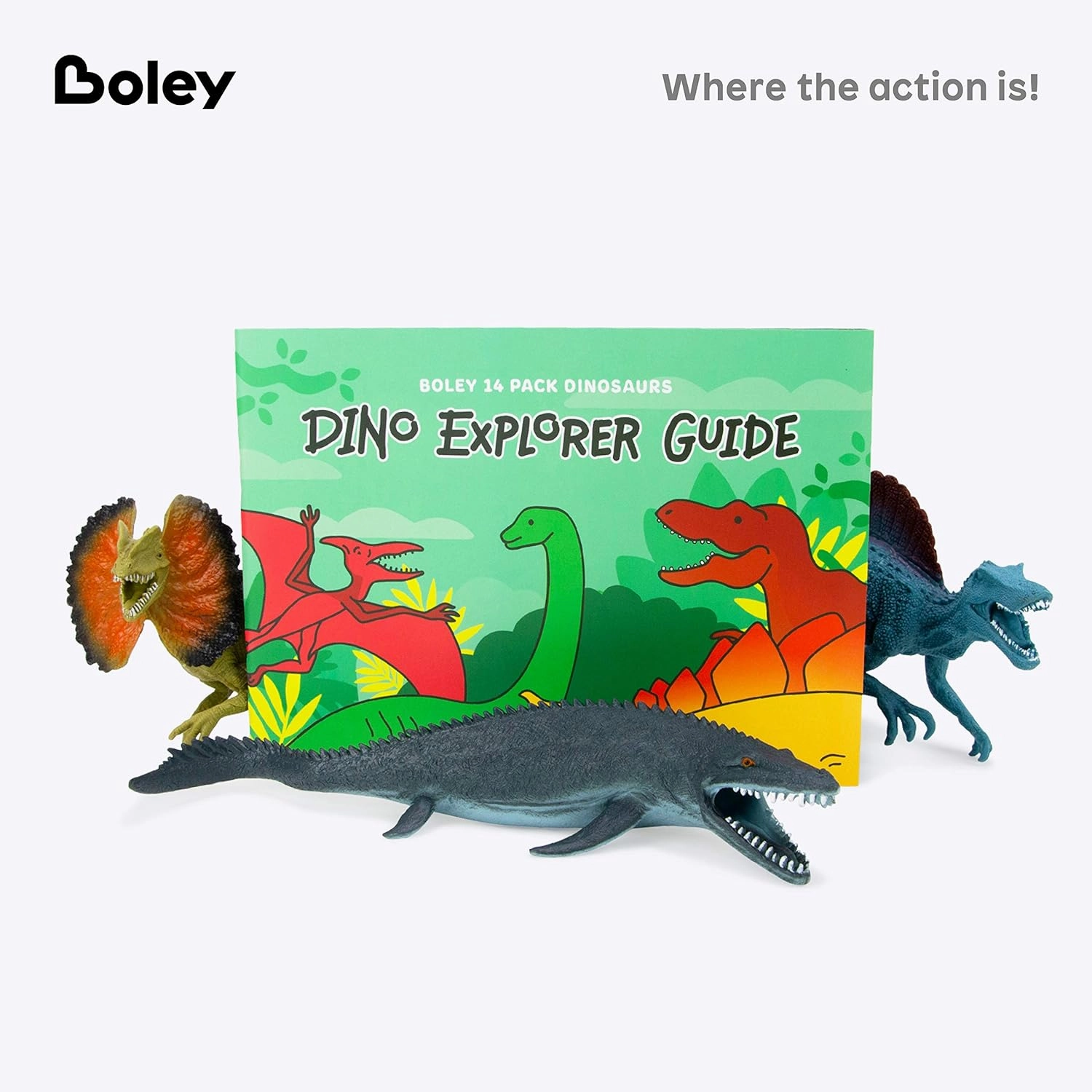 Boley 14-Pack Dinosaur Toys for Kids with Educational Booklet - 9" Realistic Dino Figures for Boys & Girls Ages 3  - Includes T-Rex, Raptor, Stegosaurus, Triceratops, and More