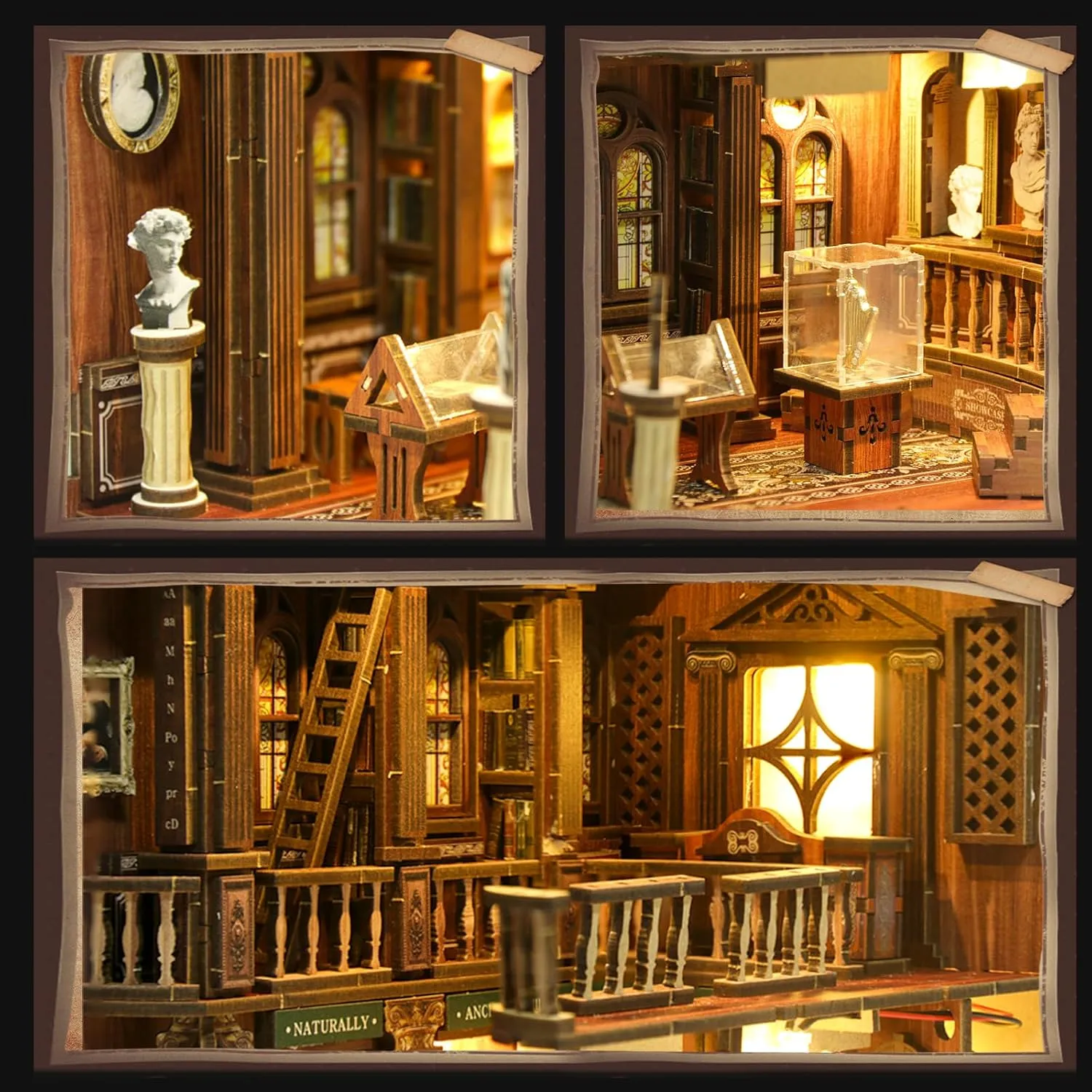 Book Nook Kit with Dust Cover & Stickers, Dust Cover, Bookshelf Insert Decor for Birthday, 3D Wooden Bookends Puzzle, Miniature Dollhouse Kit for Adults, Teens, Beginners（Philosophical Library）