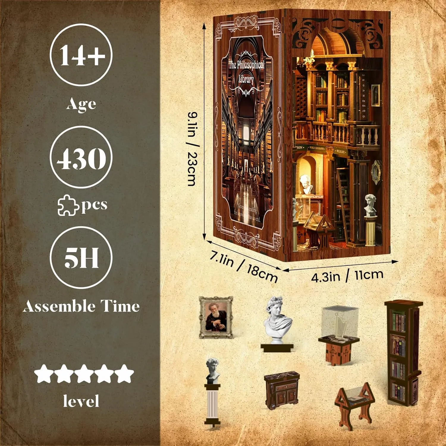 Book Nook Kit with Dust Cover & Stickers, Dust Cover, Bookshelf Insert Decor for Birthday, 3D Wooden Bookends Puzzle, Miniature Dollhouse Kit for Adults, Teens, Beginners（Philosophical Library）