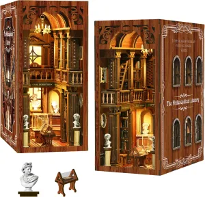 Book Nook Kit with Dust Cover & Stickers, Dust Cover, Bookshelf Insert Decor for Birthday, 3D Wooden Bookends Puzzle, Miniature Dollhouse Kit for Adults, Teens, Beginners（Philosophical Library）