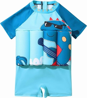 Boy Girls One-Piece Floatation Swimsuit Summer Short Sleeve Bathing Suits with Adjustable Buoyancy Float Suit Swimwear