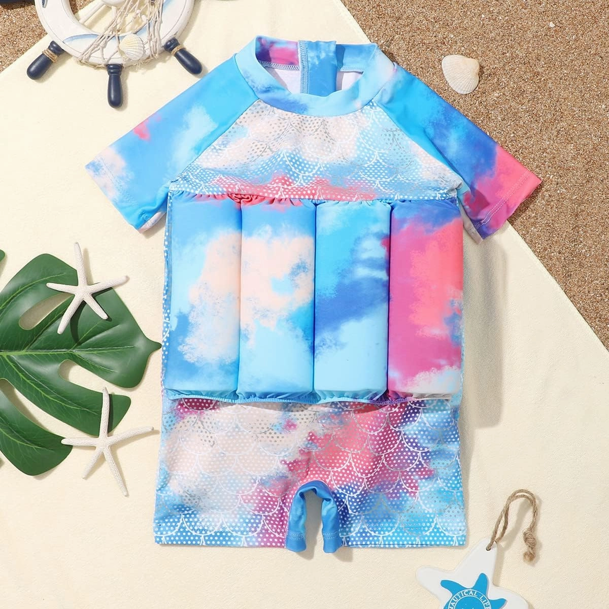 Boy Girls One-Piece Floatation Swimsuit Summer Short Sleeve Bathing Suits with Adjustable Buoyancy Float Suit Swimwear
