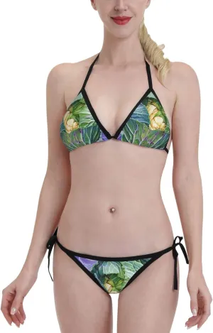 Bright Cabbage Prints Bikini Set for Women Two Piece Swimsuit Halter String Triangle Bikini Black