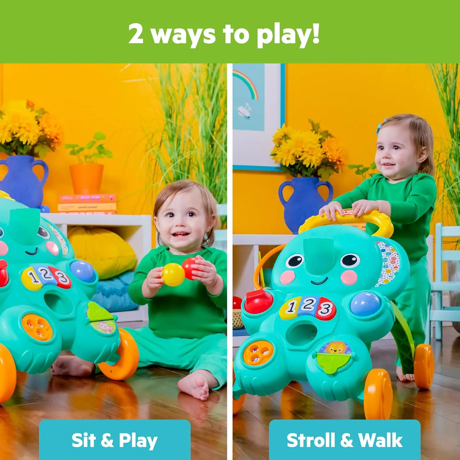 Bright Starts Stroll 'n Roll 2-in-1-Ball Push Walker – Includes 3 Toy Balls, Elephant with 70  Songs & Sounds, 7 Activities - Ball Drop, Piano, Spinner, Flip Book & More