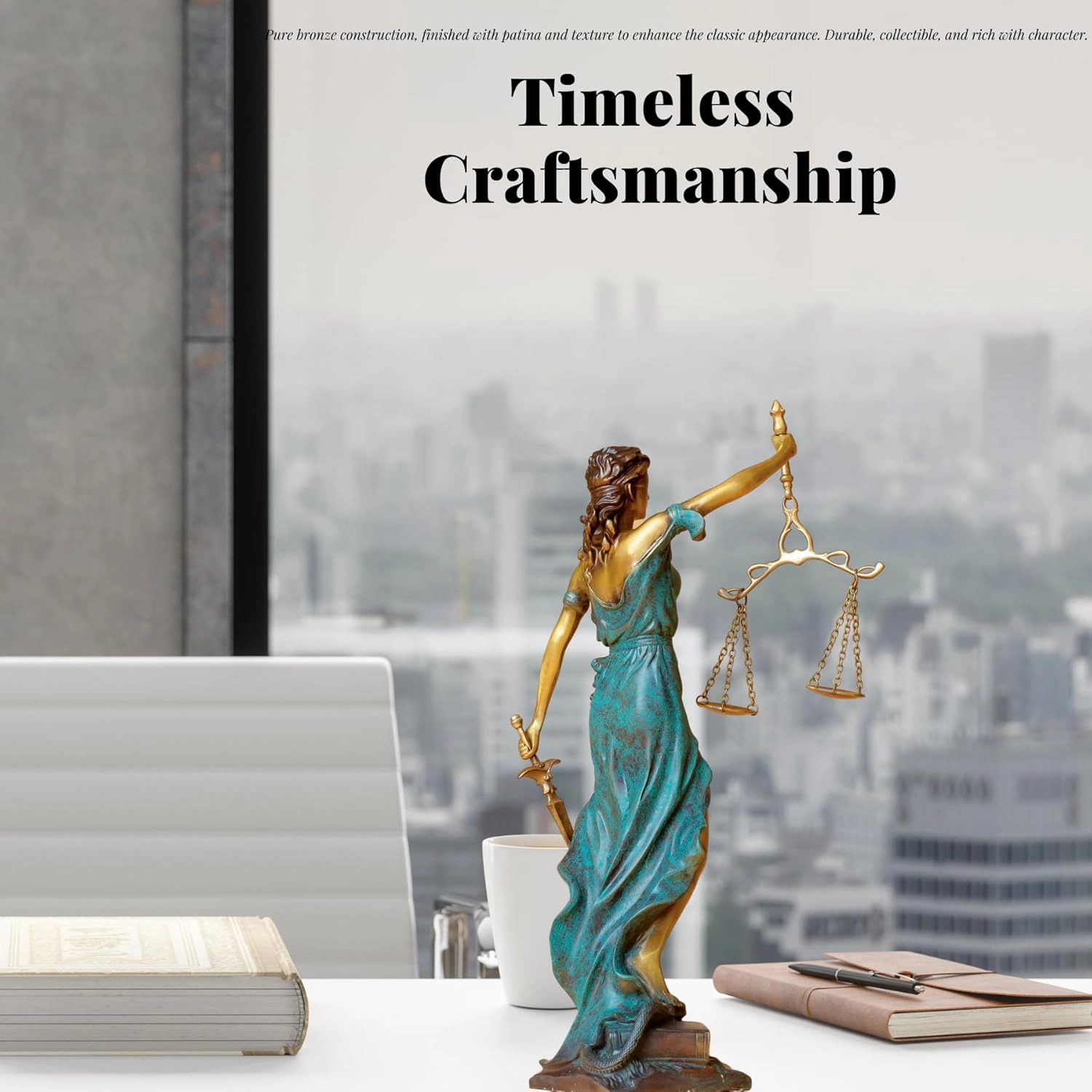 Bronze Blind Lady Justice Statue,11" Themis Goddess of Justice- Law Figure Justice Statue Office Desk Barrister Gift. (Blue)