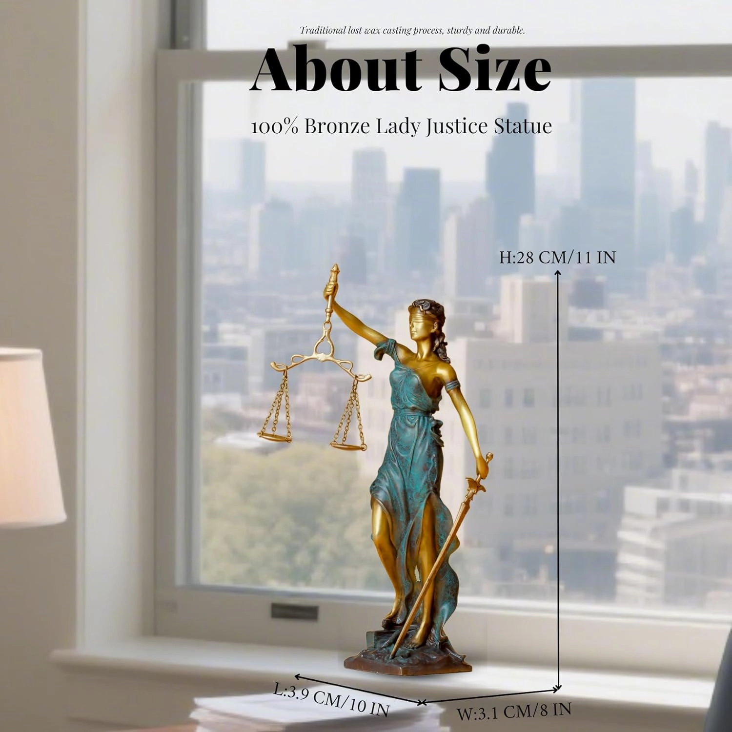 Bronze Blind Lady Justice Statue,11" Themis Goddess of Justice- Law Figure Justice Statue Office Desk Barrister Gift. (Blue)
