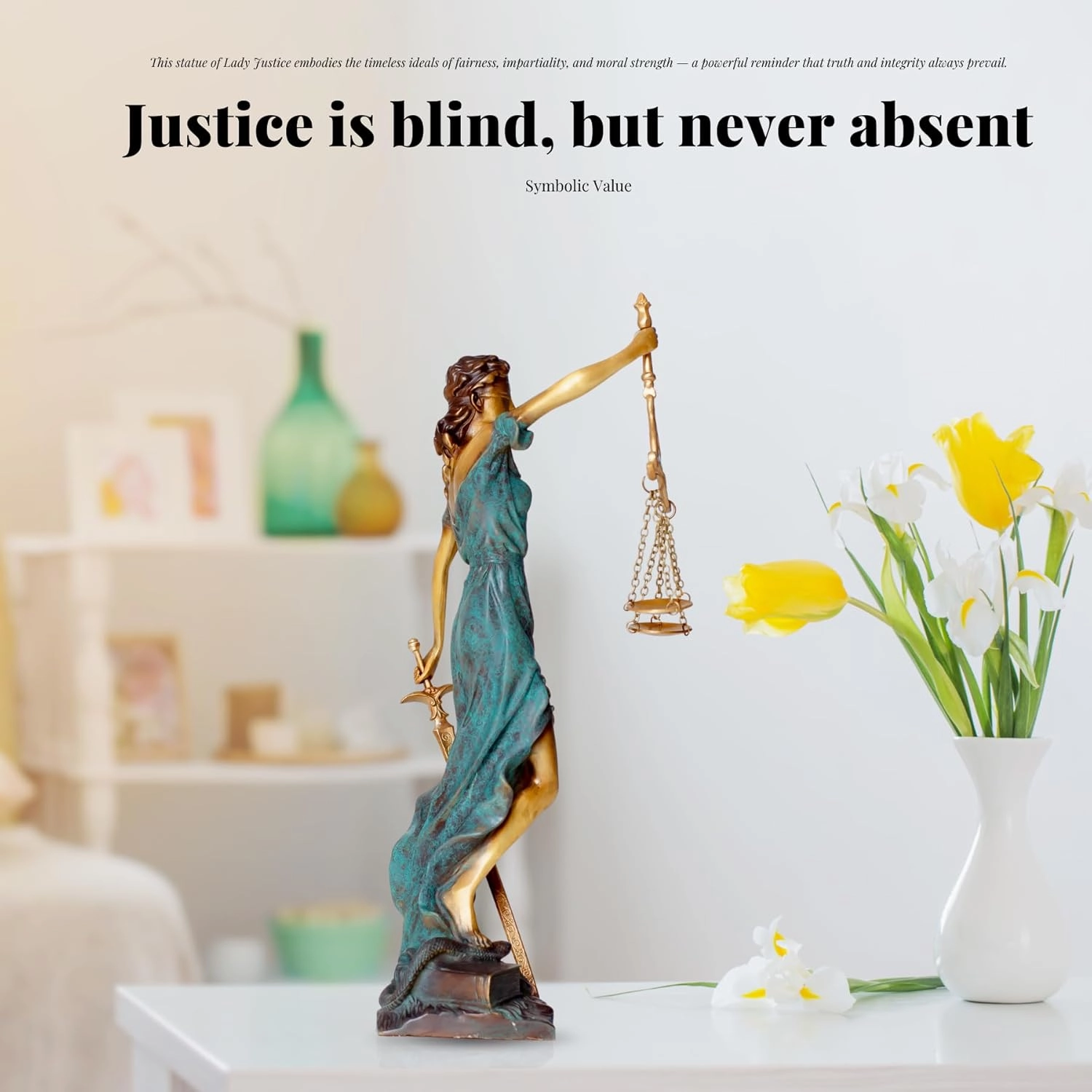Bronze Blind Lady Justice Statue,11" Themis Goddess of Justice- Law Figure Justice Statue Office Desk Barrister Gift. (Blue)