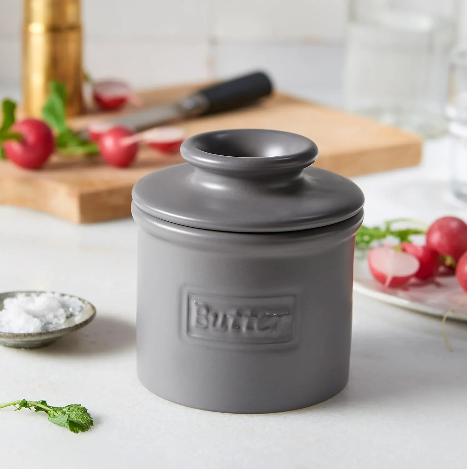 Butter Bell - The Original Butter Bell crock by L Tremain, a Countertop French Ceramic Butter Dish Keeper for Spreadable Butter, Café Matte Collection, Steel Gray