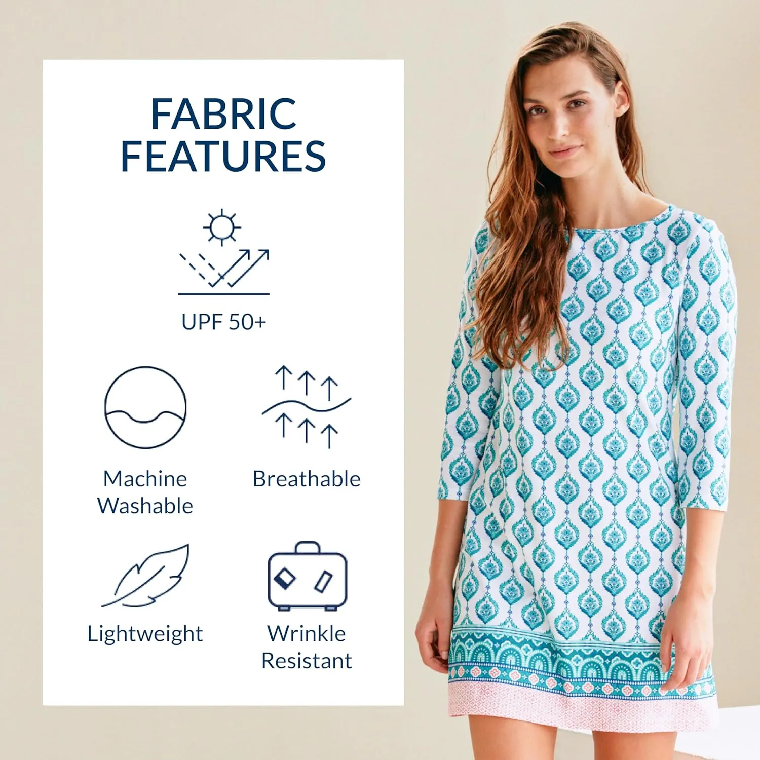 Cabana Life Shift Dress, UPF 50  Sun Protection Casual Dress, Boat Neckline, Quarter Sleeve, Womens Fashion