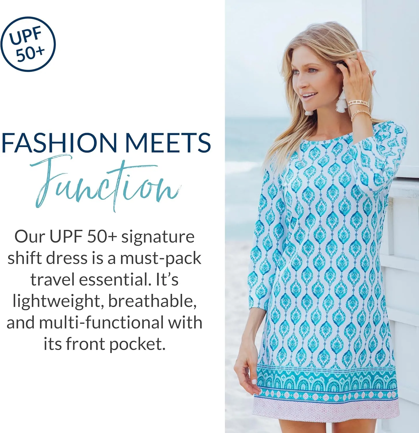 Cabana Life Shift Dress, UPF 50  Sun Protection Casual Dress, Boat Neckline, Quarter Sleeve, Womens Fashion