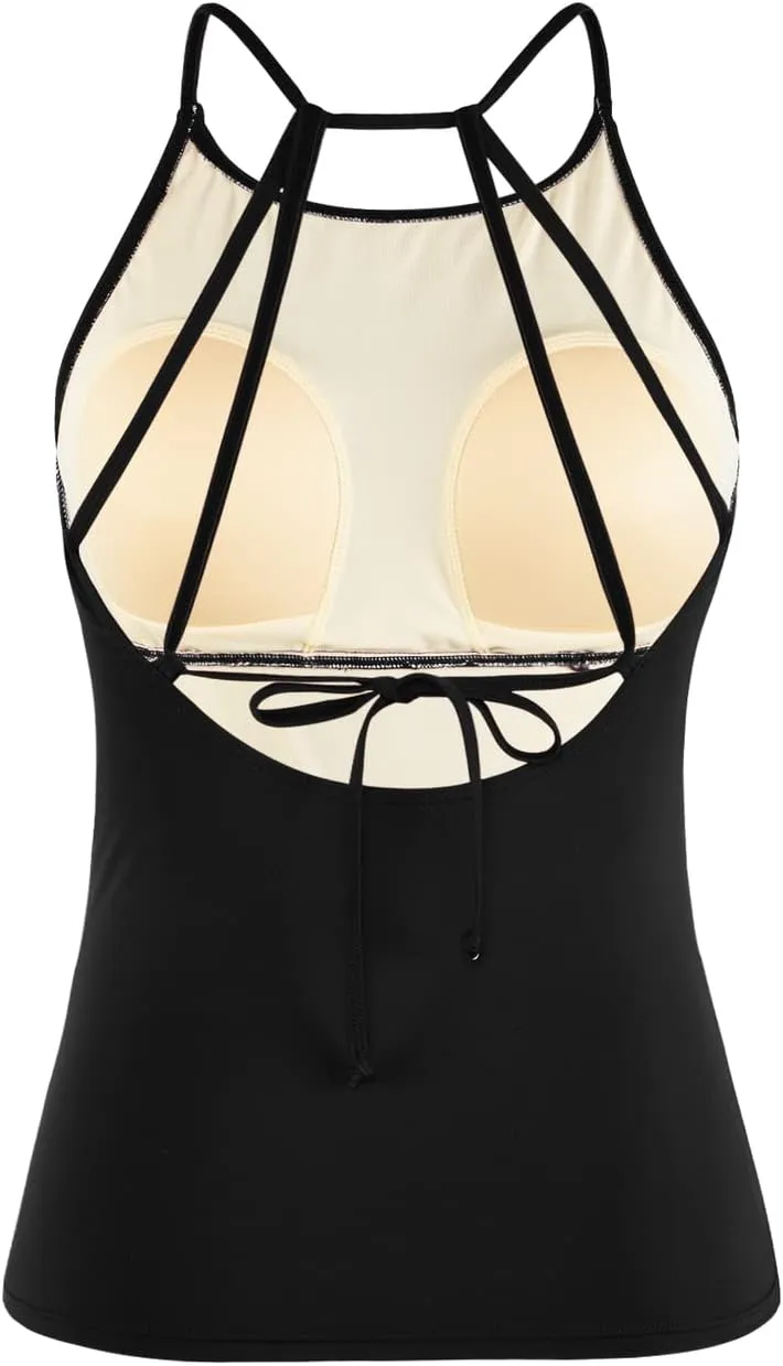 Cadocado Women's Tankini Top Strappy Back Bathing Suit Slimming Control Swimsuits Top Ruched Swimwear Top Only