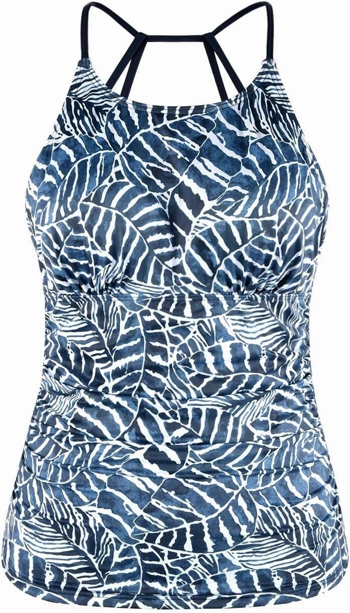 Cadocado Women's Tankini Top Strappy Back Bathing Suit Slimming Control Swimsuits Top Ruched Swimwear Top Only