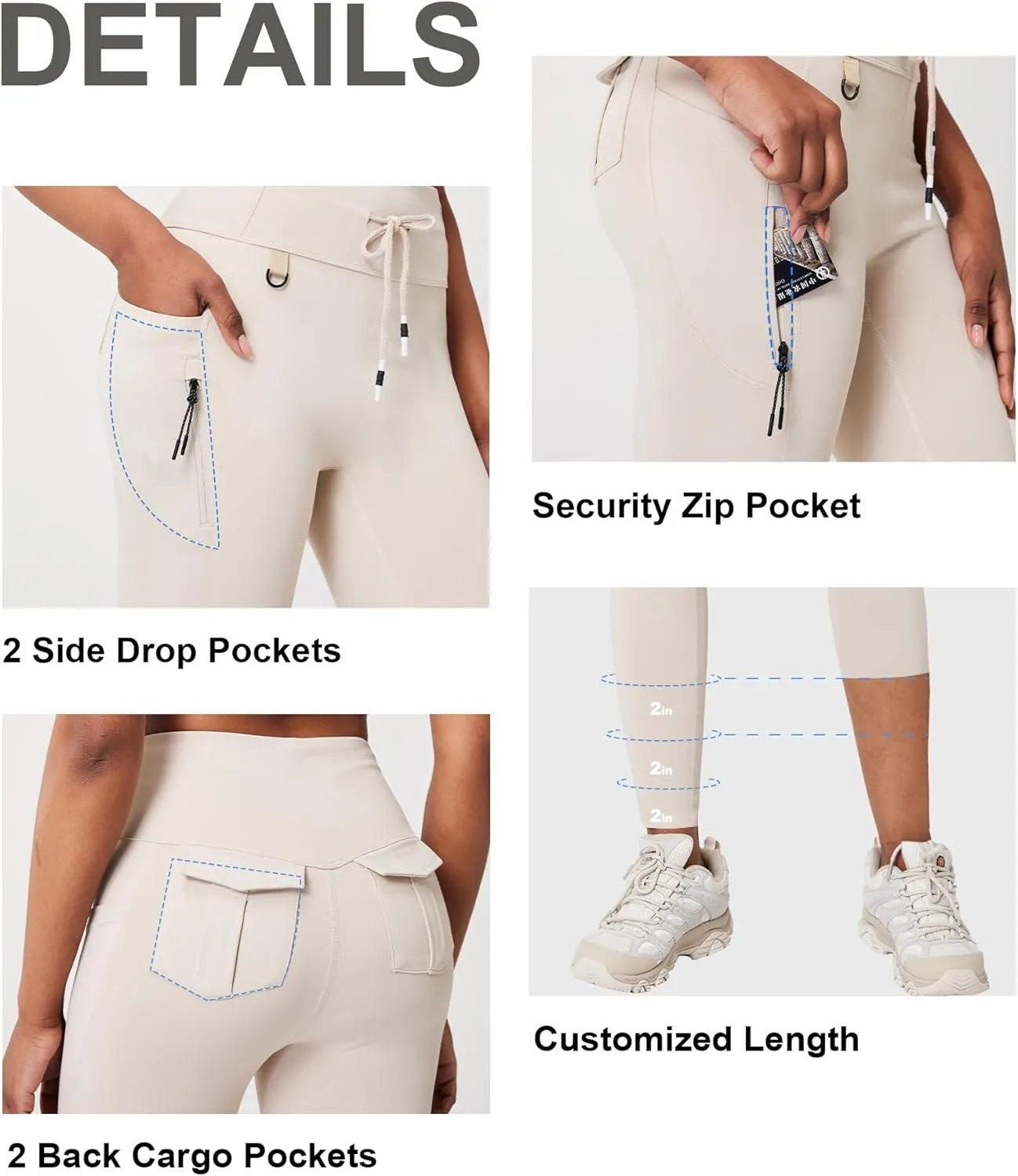 Casei Cargo Leggings with Pockets for Women Tummy Control Stretchy Soft Yoga Pants for Hiking Workout Drawstring Legging