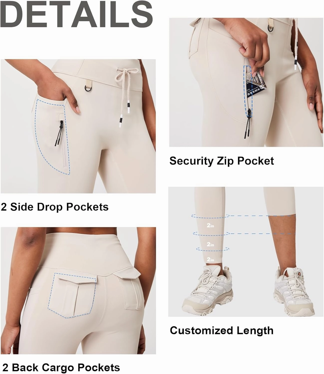 Casei Cargo Leggings with Pockets for Women Tummy Control Stretchy Soft Yoga Pants for Hiking Workout Drawstring Legging