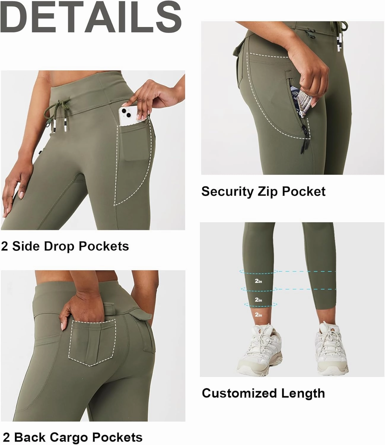 Casei Cargo Leggings with Pockets for Women Tummy Control Stretchy Soft Yoga Pants for Hiking Workout Drawstring Legging