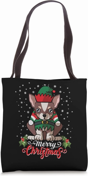 Chihuahua Dog Greets Merry Christmas Santa Black Tote Bag