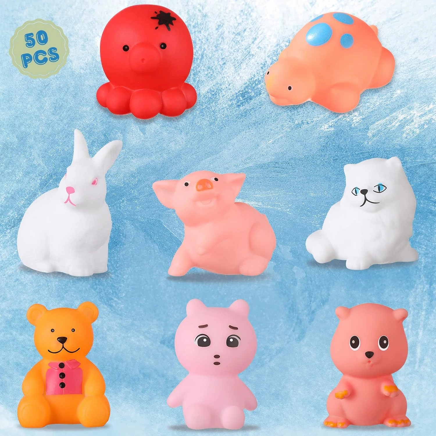 Chivao 50 Pcs Baby Bath Toys Bulk Infant Water Float Squeak Rubber Bathtub Pool Toy for Toddlers Kids Baby Shower Party Favors Birthday Gifts, Random Style